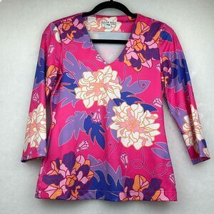 Rulon Reed Floral Print Top Stretchy V-Neck Sz XXS 3/4 Sleeves